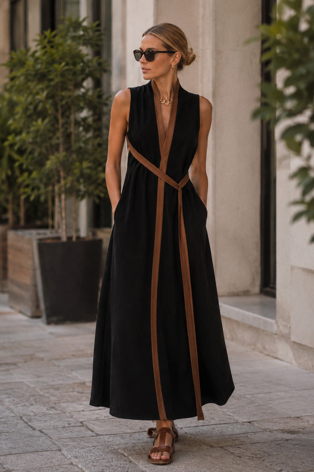 Damen Maxikleid Kontrast | Ärmellos