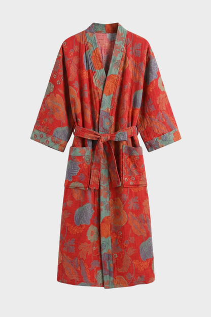 Kimono Damen Bademantel mit Gürtel und Muster knielang