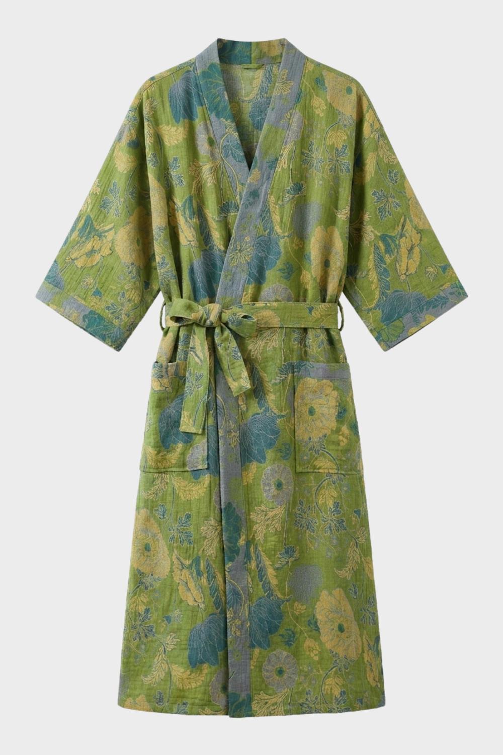 Kimono Damen Bademantel mit Gürtel und Muster knielang