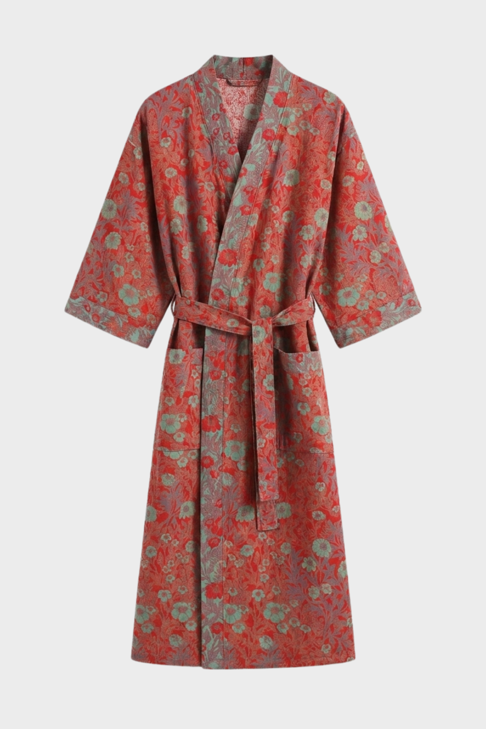 Kimono Damen Bademantel mit Gürtel und Muster knielang