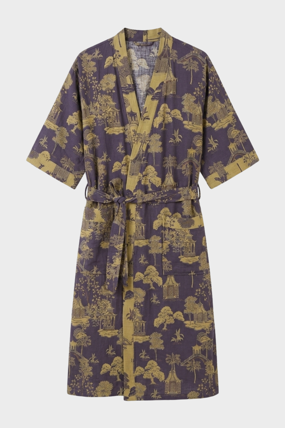 Kimono Damen Bademantel mit Gürtel und Muster knielang
