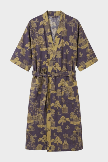 Kimono Damen Bademantel mit Gürtel und Muster knielang