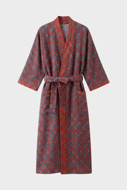 Kimono Damen Bademantel mit Gürtel und Muster knielang
