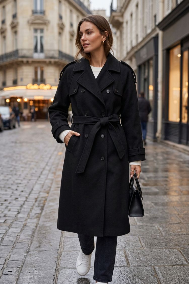 Damen Langer Mantel mit Gürtel | Zweireihige Front