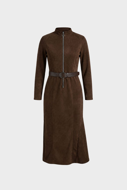 Damen Langes Kleid mit Gürtel | Frontzipper & Hoher Schlitz