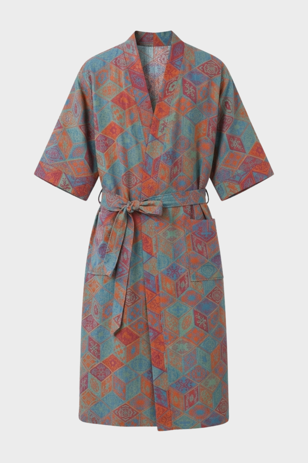 Kimono Damen Bademantel mit Gürtel und Muster knielang