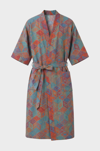 Kimono Damen Bademantel mit Gürtel und Muster knielang