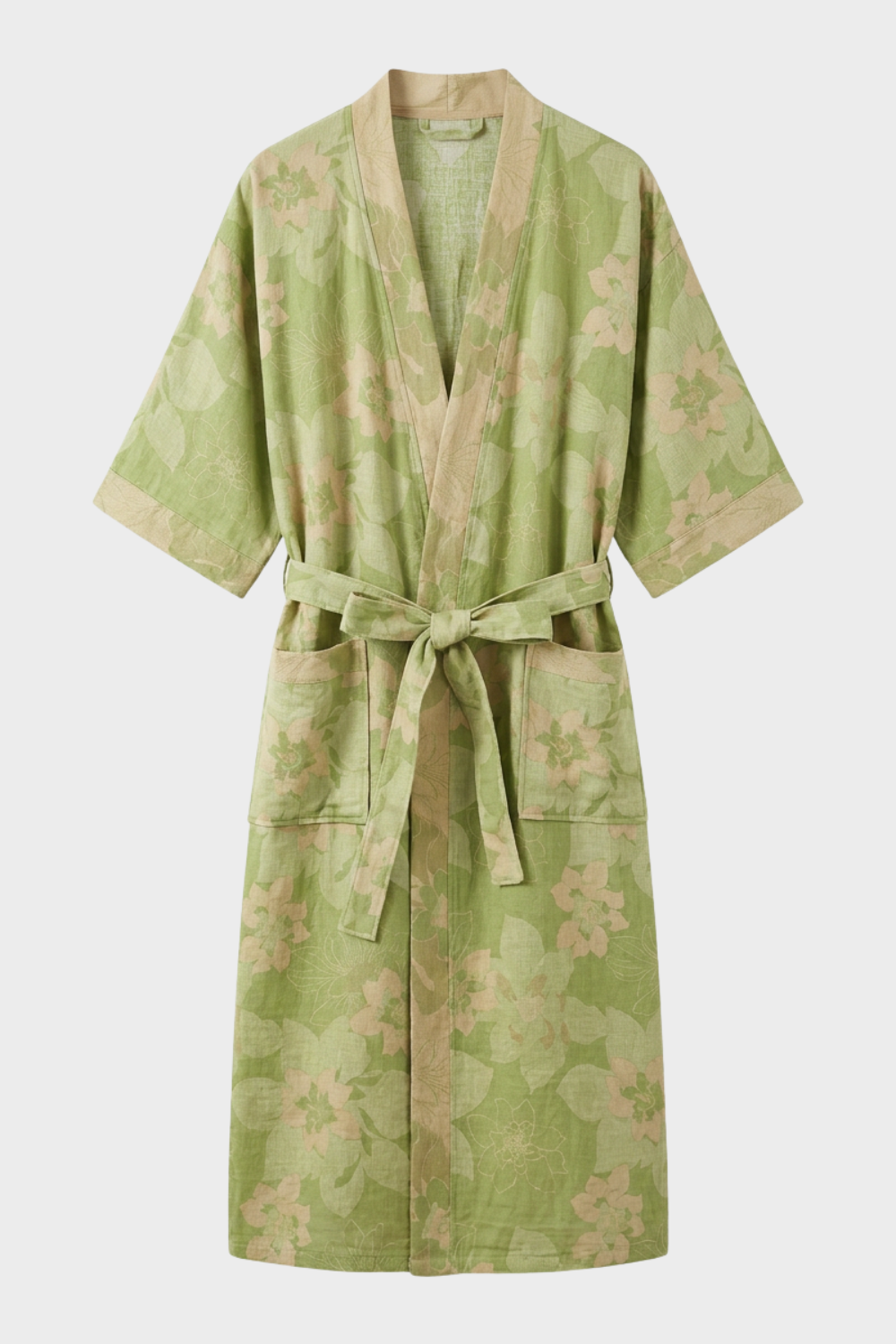 Kimono Damen Bademantel mit Gürtel und Muster knielang