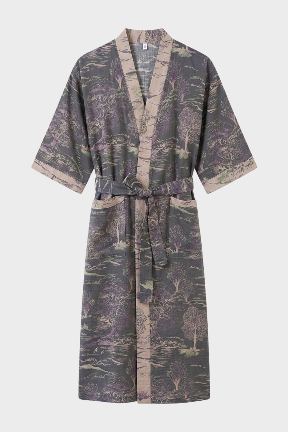 Kimono Damen Bademantel mit Gürtel und Muster knielang