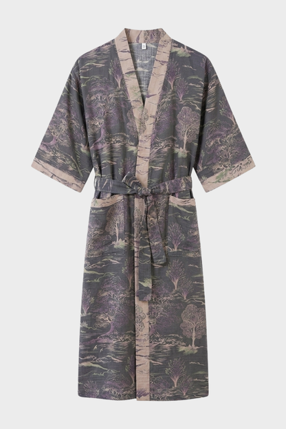 Kimono Damen Bademantel mit Gürtel und Muster knielang
