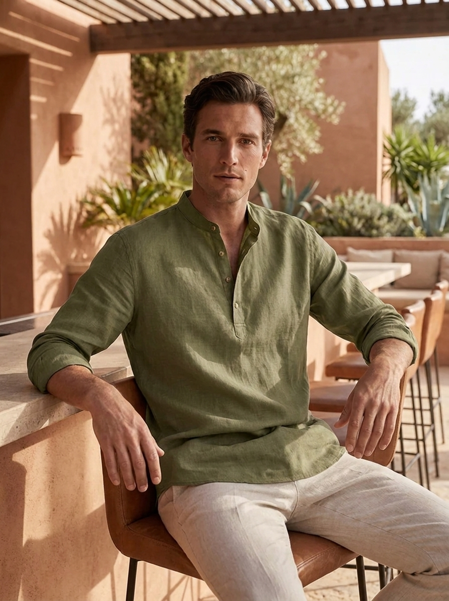 Herren Henley Langarmshirt | Stehkragen