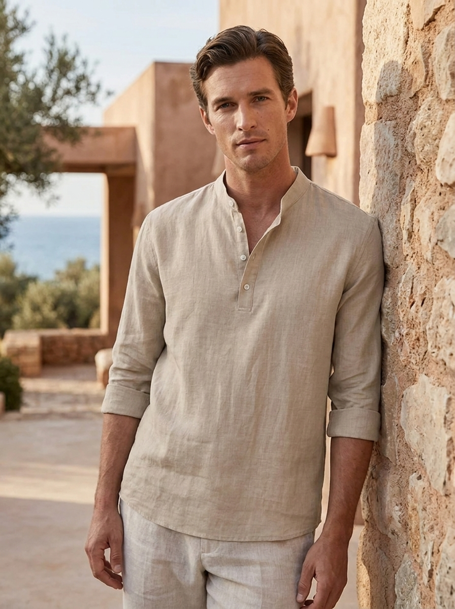 Herren Henley Langarmshirt | Stehkragen