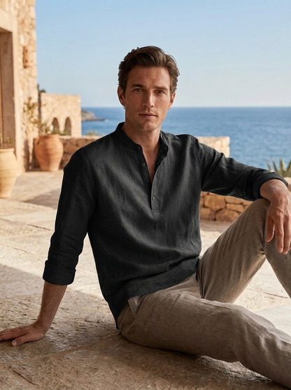 Herren Henley Langarmshirt | Stehkragen