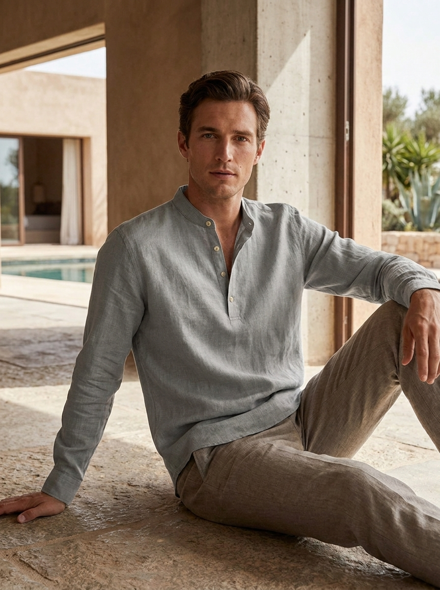 Herren Henley Langarmshirt | Stehkragen
