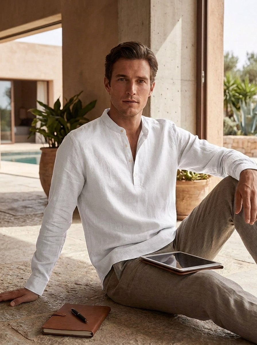 Herren Henley Langarmshirt | Stehkragen