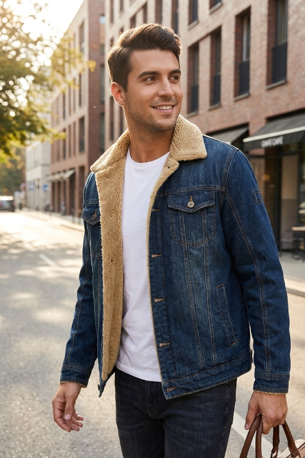 Jeansjacke Herren mit Fellkragen und Knopfleiste