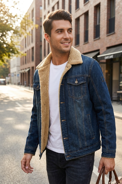 Jeansjacke Herren mit Fellkragen und Knopfleiste