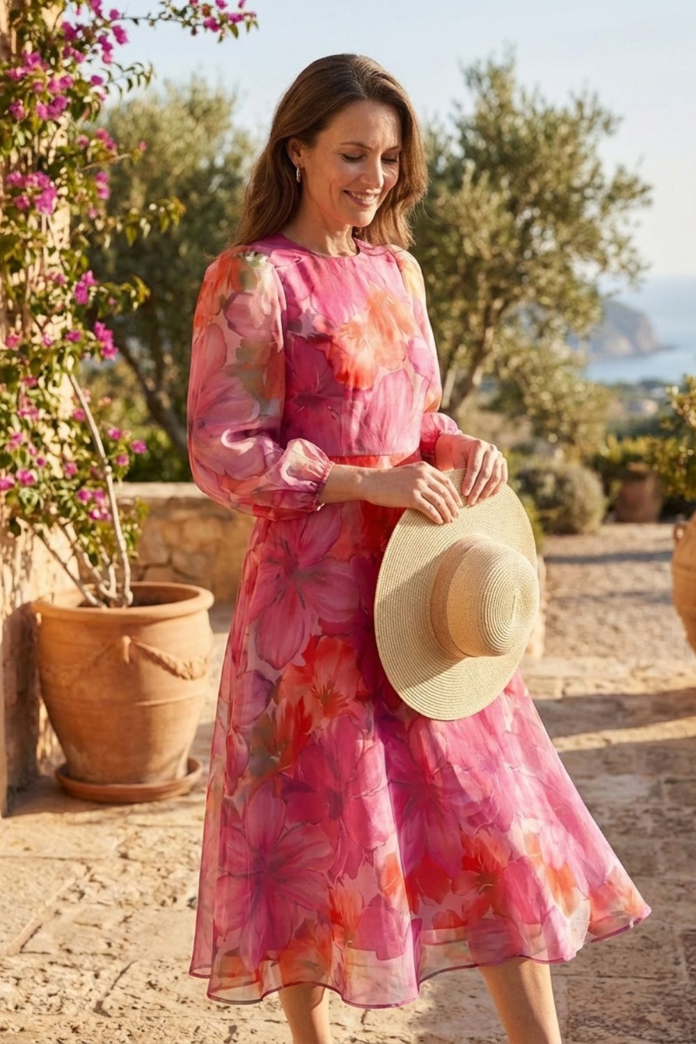 Kleid Damen mit Blumenmuster und Puffärmeln