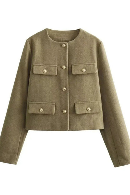 Damen Jacke Kurz Rundhals mit Knopfleiste und Taschen