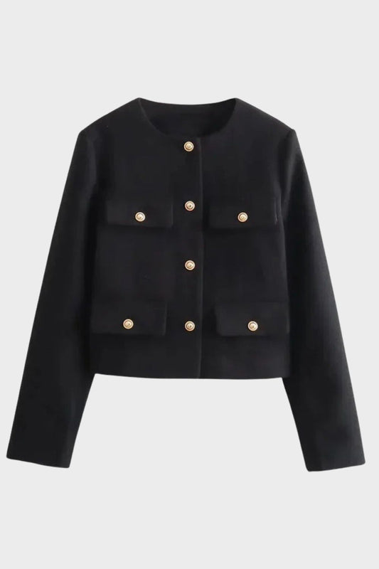 Damen Jacke Kurz Rundhals mit Knopfleiste und Taschen