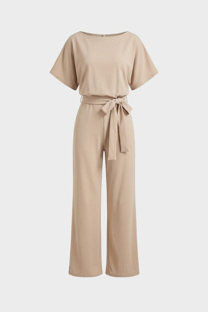Jumpsuit Damen Lang mit Bindegürtel und Kurzarm