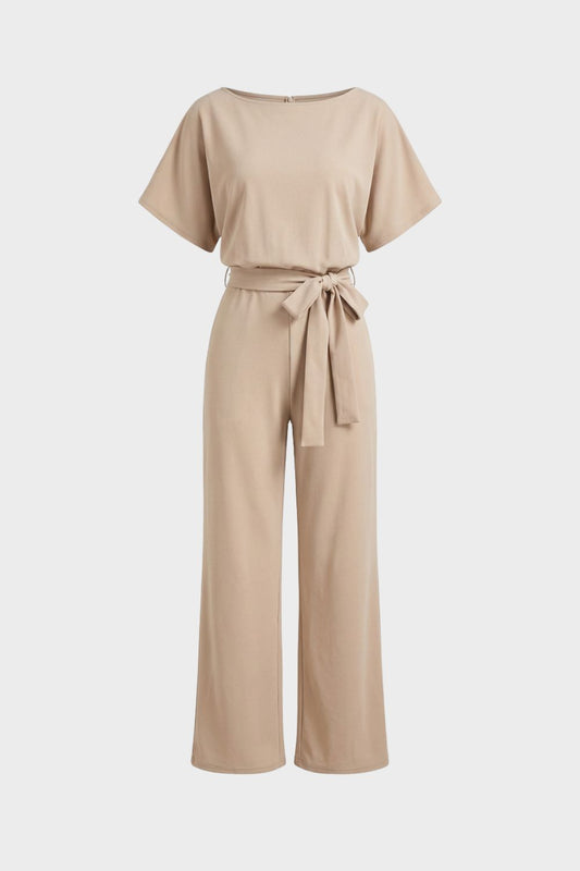 Jumpsuit Damen Lang mit Bindegürtel und Kurzarm