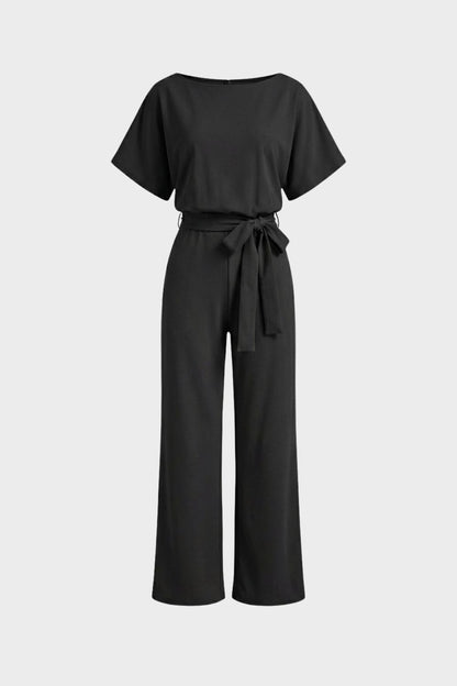Jumpsuit Damen Lang mit Bindegürtel und Kurzarm