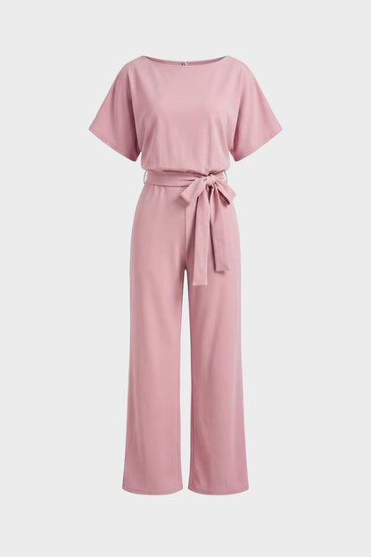 Jumpsuit Damen Lang mit Bindegürtel und Kurzarm