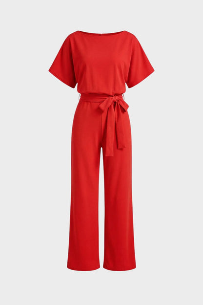 Jumpsuit Damen Lang mit Bindegürtel und Kurzarm