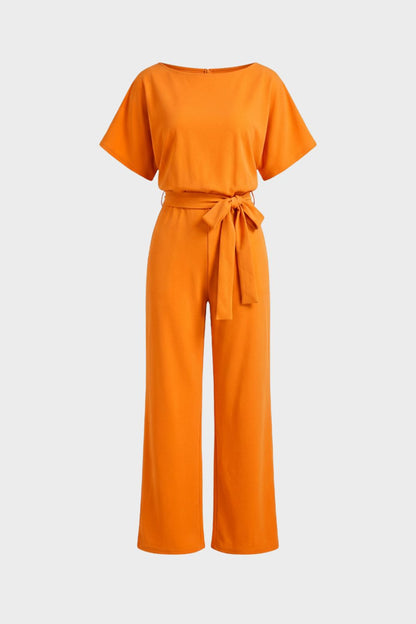 Jumpsuit Damen Lang mit Bindegürtel und Kurzarm