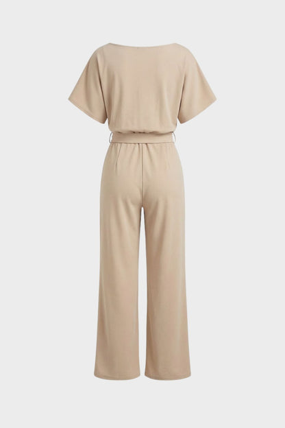 Jumpsuit Damen Lang mit Bindegürtel und Kurzarm