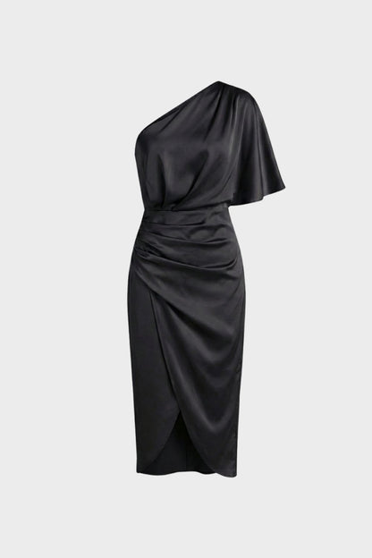 Kleid Damen Midi mit One-Shoulder und Drapierung