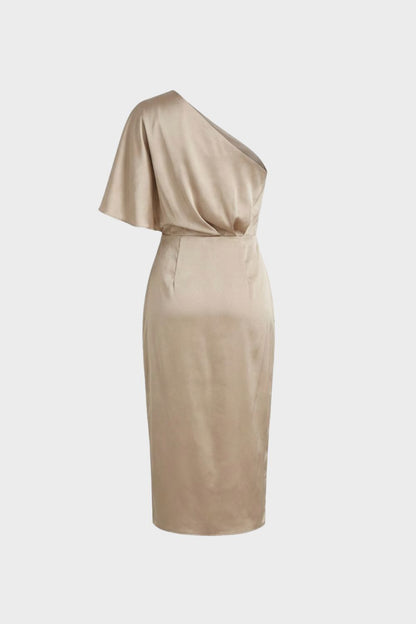 Kleid Damen Midi mit One-Shoulder und Drapierung