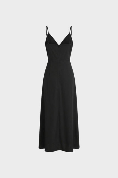 Damen Maxikleid Schwarz mit Spaghettiträger und V-Ausschnitt – Wickel-Front A-Linien-Hochzeitsgast-Look