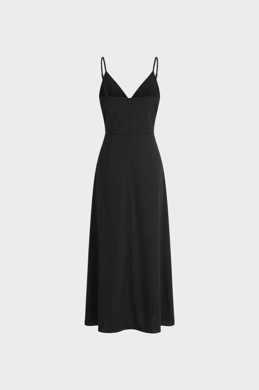 Damen Maxikleid Schwarz mit Spaghettiträger und V-Ausschnitt – Wickel-Front A-Linien-Hochzeitsgast-Look