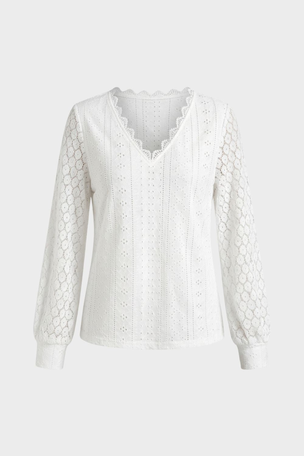 Bluse Damen Langarm mit V-Ausschnitt und Lochmuster