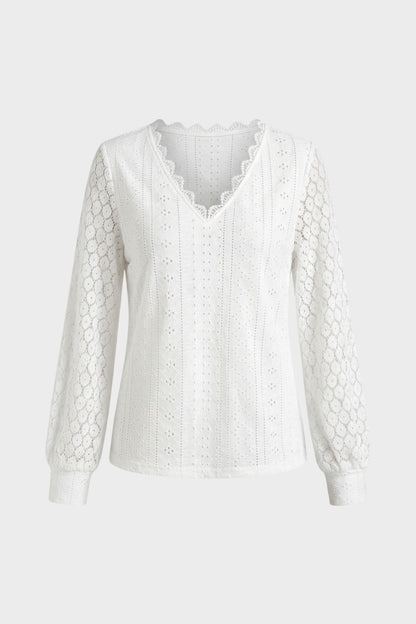 Bluse Damen Langarm mit V-Ausschnitt und Lochmuster