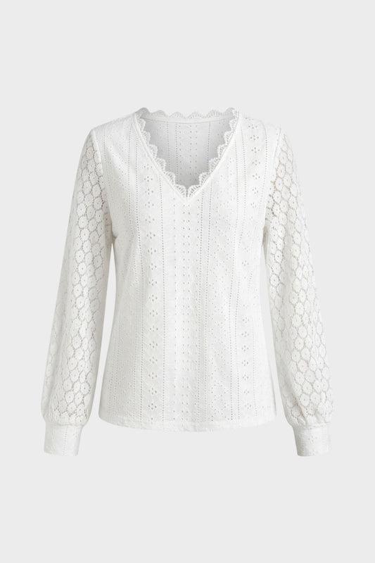 Bluse Damen Langarm mit V-Ausschnitt und Lochmuster