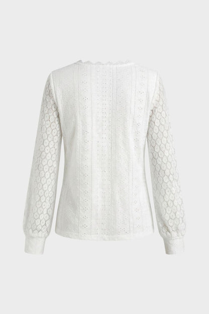 Bluse Damen Langarm mit V-Ausschnitt und Lochmuster