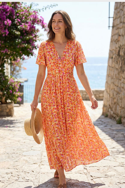 Maxikleid Damen mit V Ausschnitt und Blumenmuster
