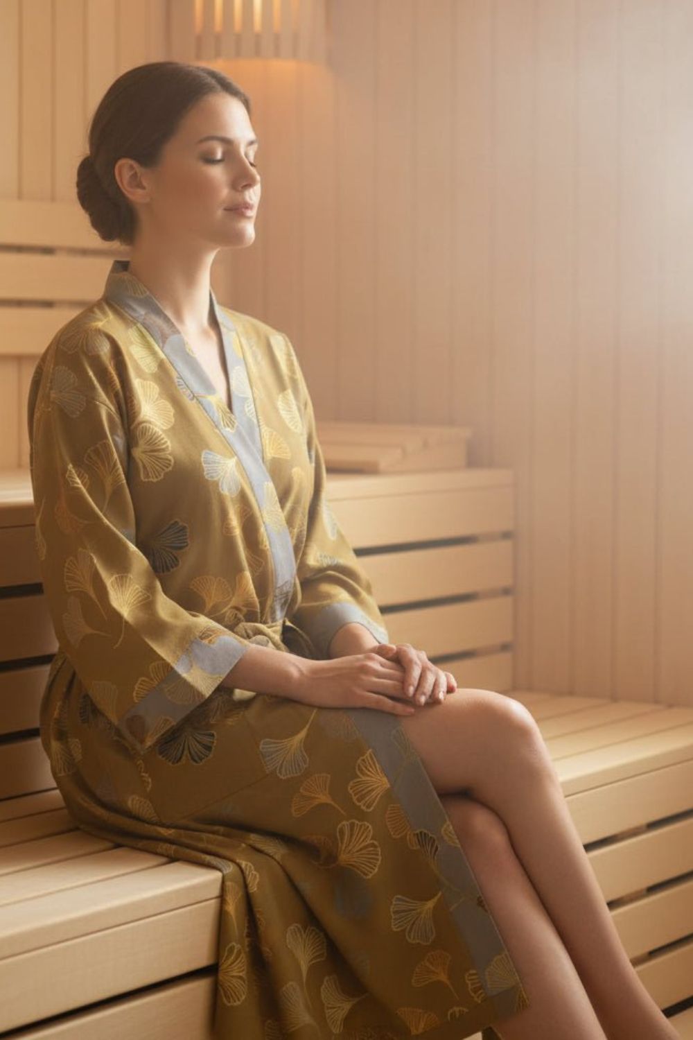 Kimono Damen Bademantel mit Gürtel und Muster knielang