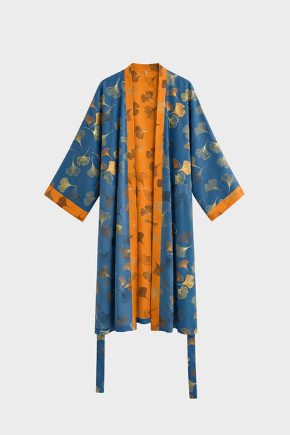 Kimono Damen Bademantel mit Gürtel und Muster knielang
