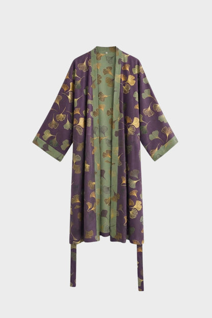 Kimono Damen Bademantel mit Gürtel und Muster knielang