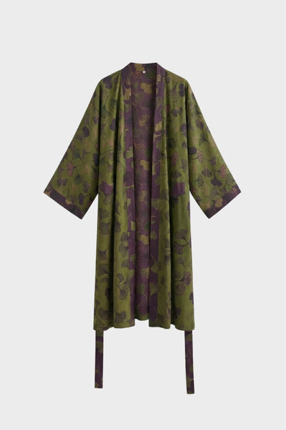 Kimono Damen Bademantel mit Gürtel und Muster knielang