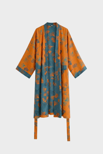 Kimono Damen Bademantel mit Gürtel und Muster knielang