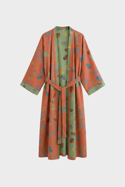 Kimono Damen Bademantel mit Gürtel und Muster knielang