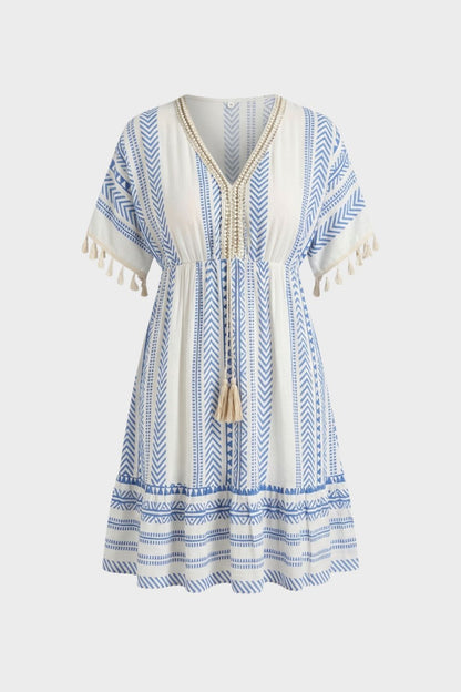 Sommerkleid Damen V Ausschnitt mit Muster und Quasten