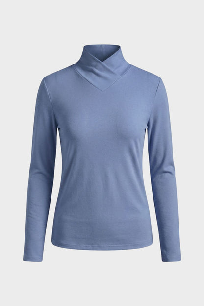 Damen Langarmshirt mit Stehkragen und V-Ausschnitt