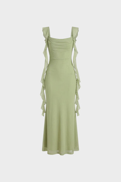 Damen Maxikleid mit Volants und schmaler Passform