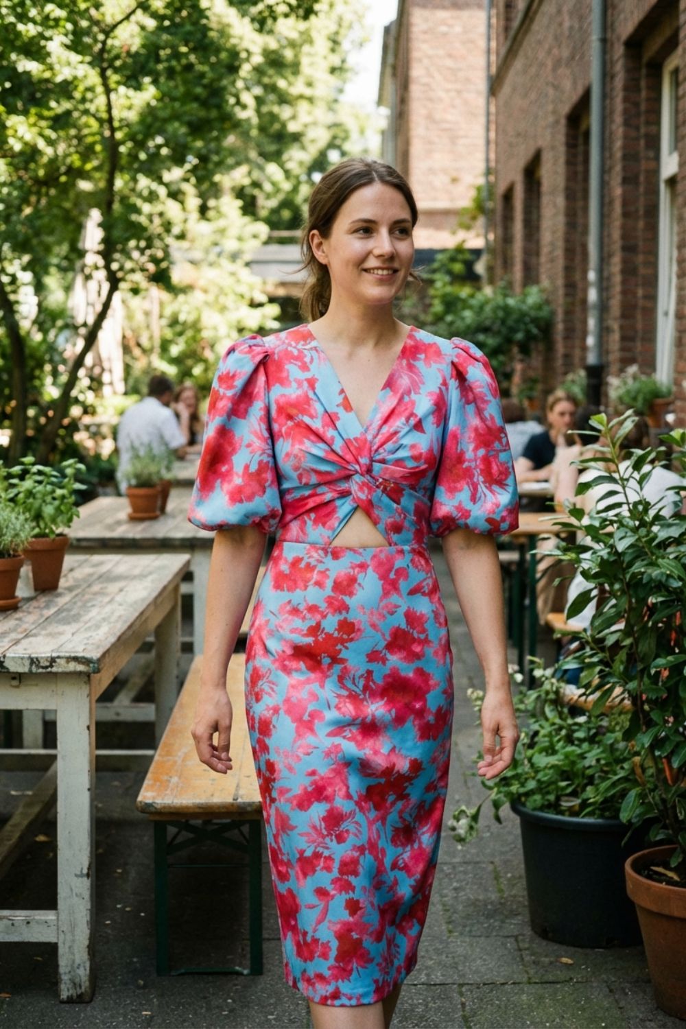 Damen Midikleid mit V-Ausschnitt und Blumenmuster